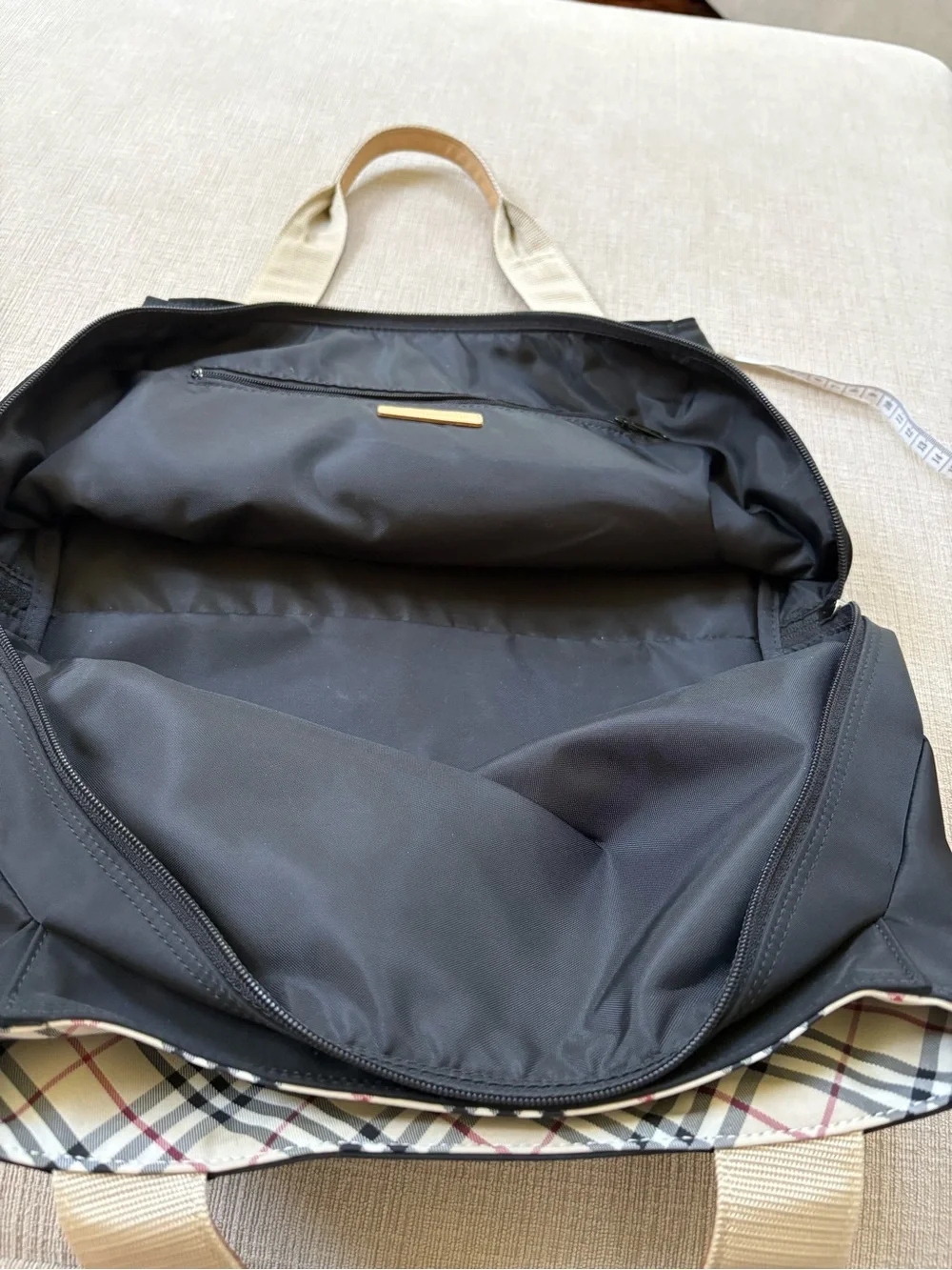 Burberry Black Canvas Tote/ Tan Leather Handles with Nova Check Bottom/Interior - Picture 16 of 16